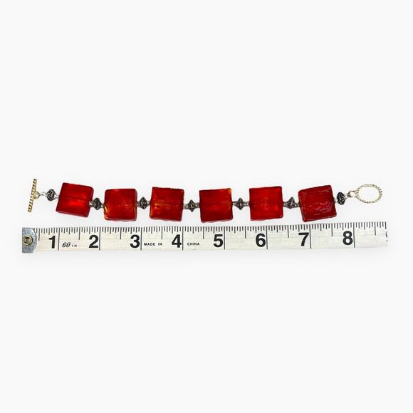 Artisan Bracelet Pierced Dangle Earrings Red Acrylic Square Links Silver Tone - Picture 7 of 10